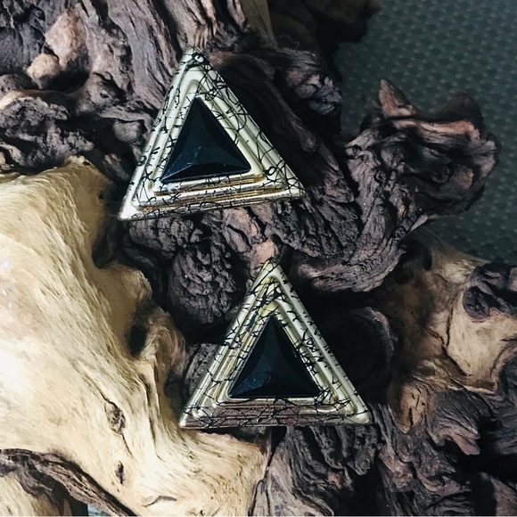 Vintage 80’s Gold Tone And Black Marbled Triangular Post 1.75 in Earrings - Picture 2 of 15